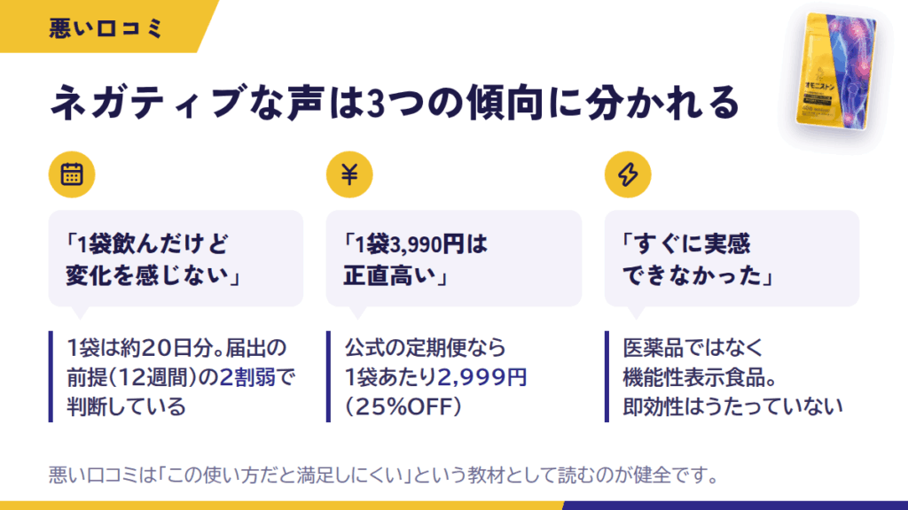 オモニストンの悪い口コミ・評判――まず"ネガティブな声"から見てみる