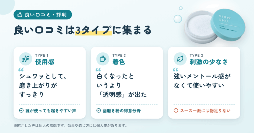 良い口コミ・評判をタイプ別に整理してみた
