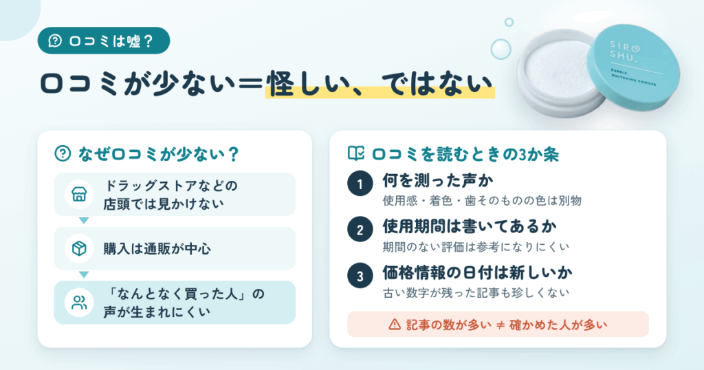 シロッシュ(SIROSHU)の口コミは嘘?件数が少ない理由と読み方