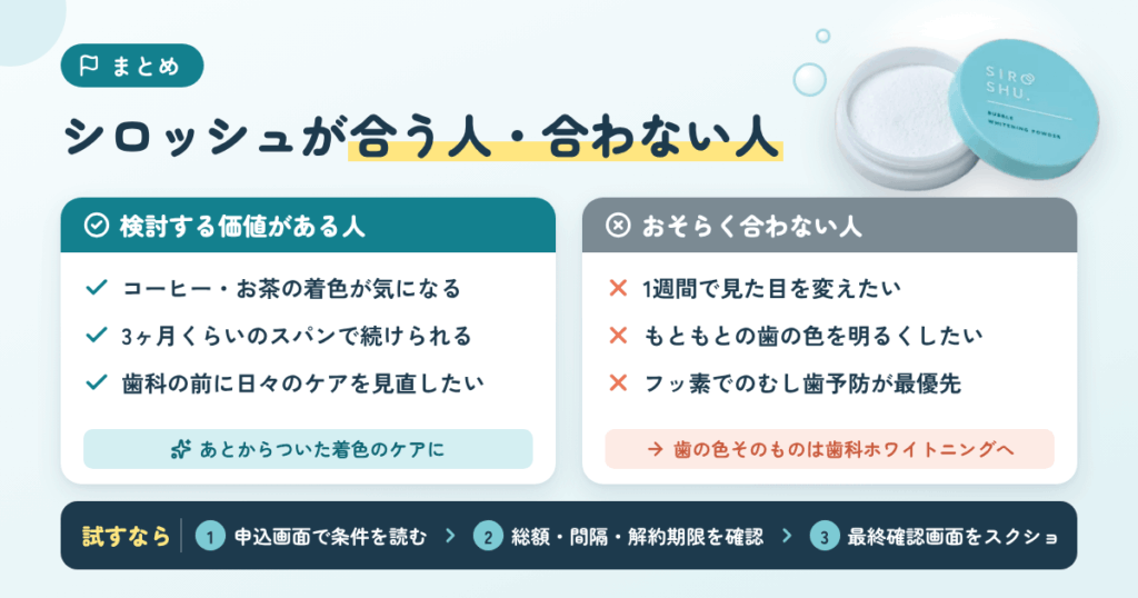 まとめ:シロッシュ(SIROSHU)の口コミをどう読み、どう決めるか