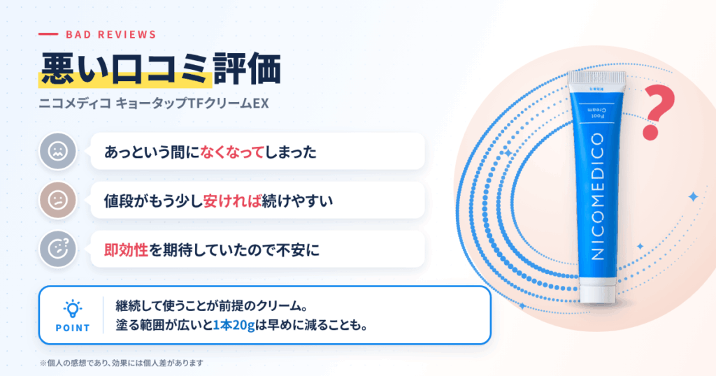 ニコメディコ キョータップTFクリームEXの悪い口コミ評価