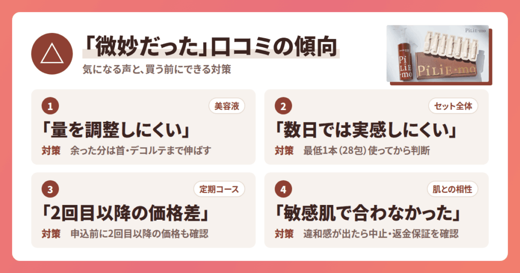 ピリモ クリアモイスチャーセットの口コミに見える「微妙だった」声の傾向
