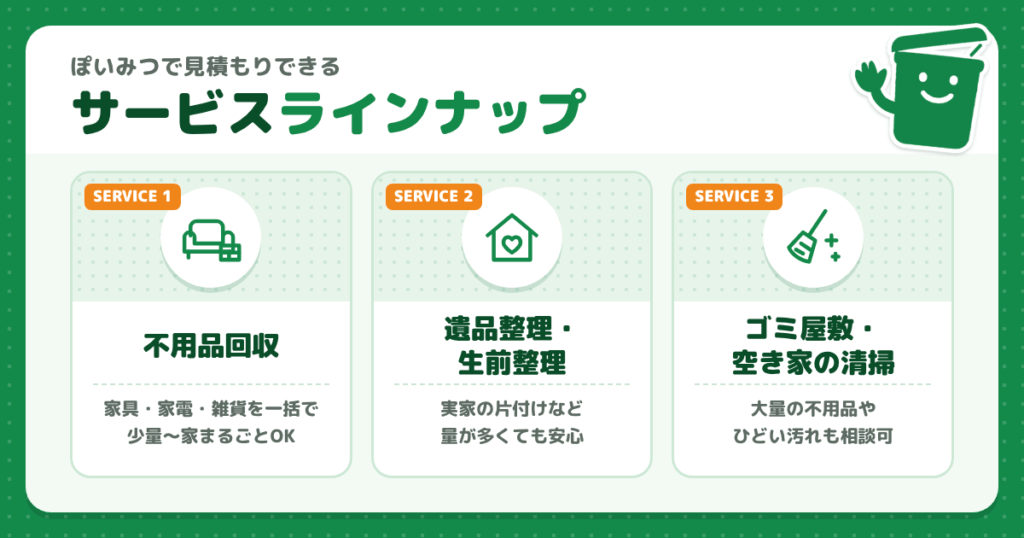 不用品回収の無料一括見積り ぽいみつのラインナップ