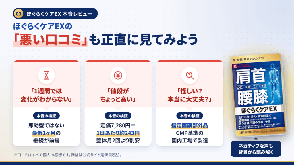 ほぐらくケアEXの「悪い口コミ」も正直に見てみよう
