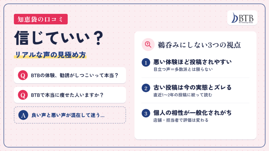 「バイオエステBTB 知恵袋」の口コミは信じていい?リアルな声の見極め方