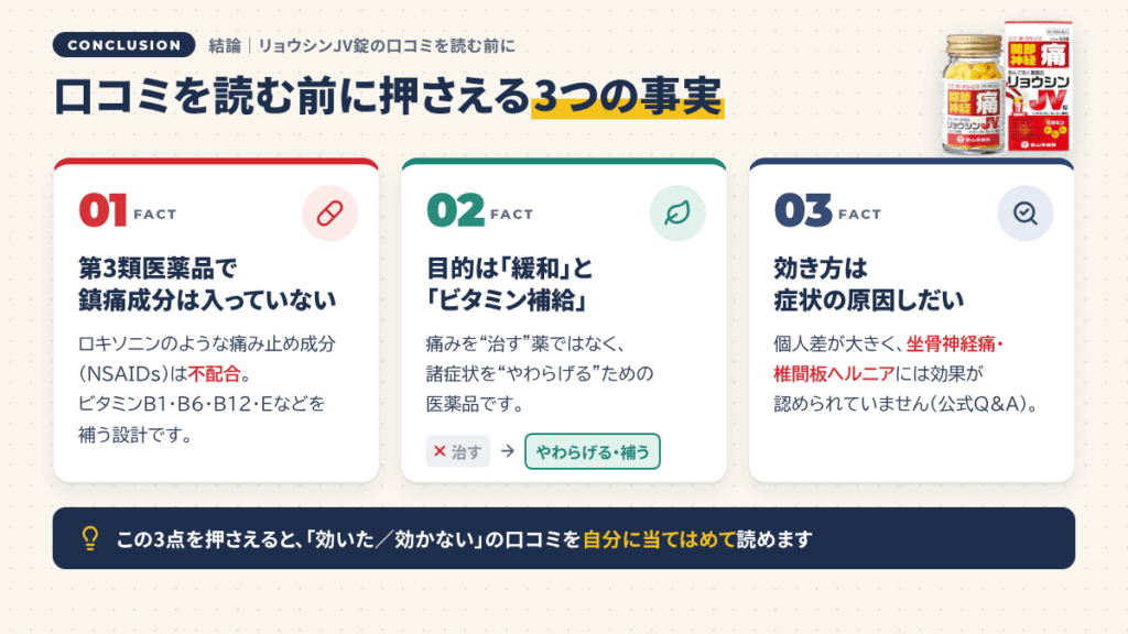 結論：リョウシンJV錠の口コミを読み解く前に押さえる3点