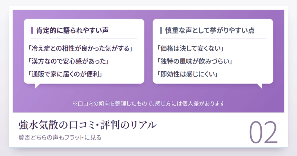 強水気散の口コミ・評判のリアル — 賛否どちらの声もフラットに見る