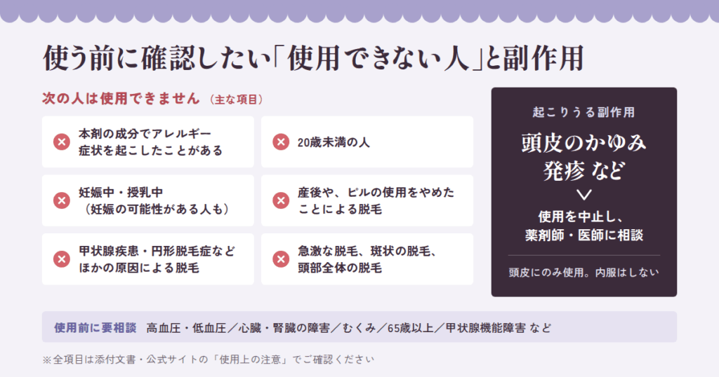 女性がミノキシジル発毛剤を使う前に|副作用と「使ってはいけない人」